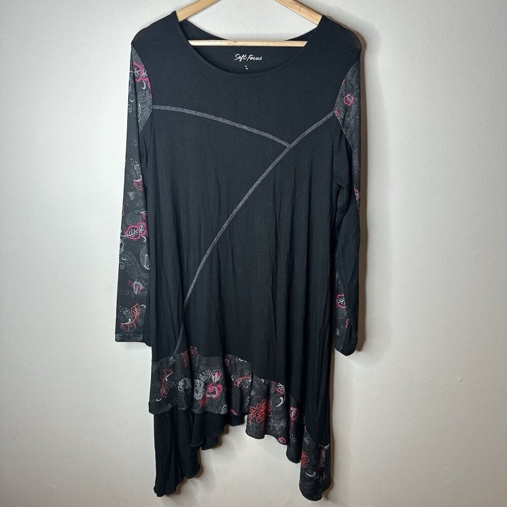 Soft Focus‎ Dress Womens M Black Floral Midi Lagenlook Asymmetric Artsy Bohemian